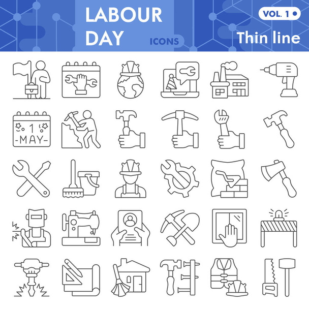 Labour day thin line icon set, labor day symbols collection or sketches. Industry and workforce linear style signs for web and app. Vector graphics isolated on white background. - Vecteur, image