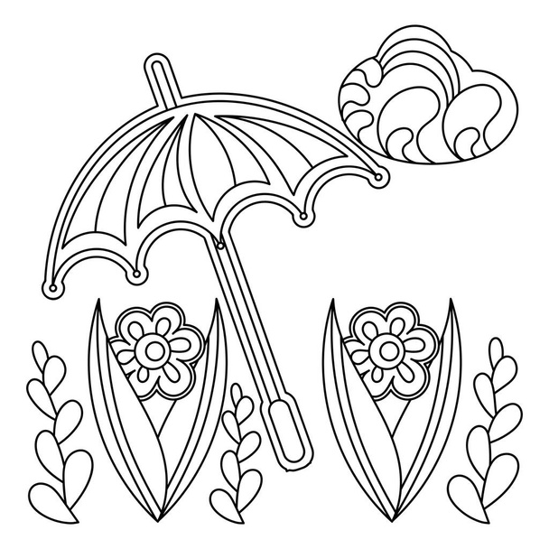 Festőkönyv gyerekeknek. Esernyő, felhő és virágok levelekkel. Aranyos vektor illusztráció. - Vektor, kép
