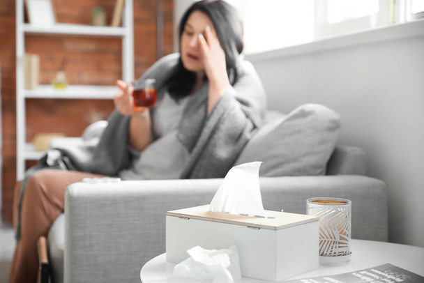 Tissues on table of sick mature woman - Photo, Image