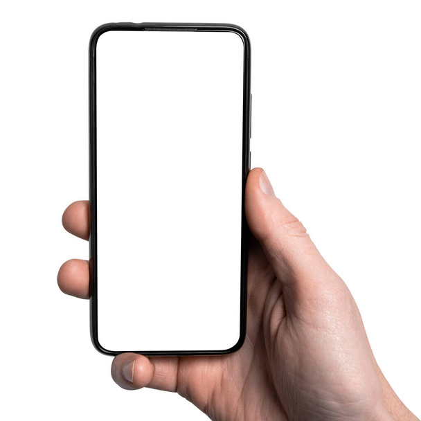 Model yap, mockup.Siyah akıllı telefonu daha az boş ekran ve modern çerçevesiz tasarımı olan, dikey - beyaz arkaplanda izole edilmiş bir adam eliyle tutuyor. Kullanıcı arayüzü.. - Fotoğraf, Görsel