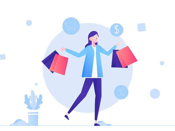 Illustration Vektorgrafik der Online-Shopping-Aktivität, eine Frau einkaufen und wählen Sie ein paar Produkte, diese Illustration perfekt für Website, Zielseite, Web, App und Banner - Vektor, Bild
