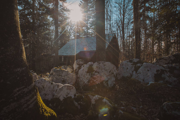 Antiguo cuartel del ejército o cabañas escondidas en las profundidades del bosque en Kocevje o Kocevski rog. Un escondite partisano en Eslovenia llamado Baza 20 en un día soleado de invierno. Visible dos de cabinas. - Foto, imagen
