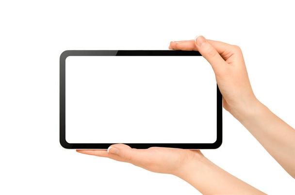 mani femminili che tengono tablet digitale su sfondo bianco isolato - Foto, immagini