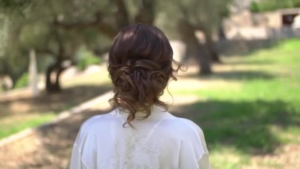 Une femme dans une gracieuse peignoir marche à travers une oliveraie un jour d'été, vue de dos - Séquence, vidéo