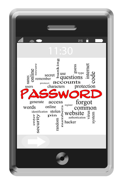 Password Concetto Word Cloud su un telefono touchscreen
 - Foto, immagini