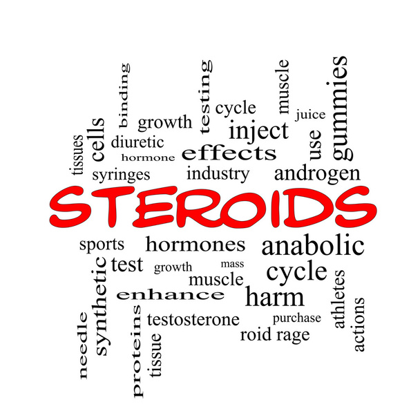 Concepto de nube de palabras de esteroides en tapas rojas
 - Foto, Imagen
