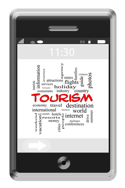 Turismo Word Cloud Concept su un telefono touchscreen
 - Foto, immagini