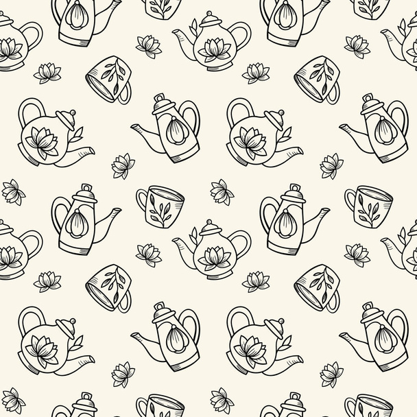 Teapot seamless repeat pattern, vector background, teapot and cups. - Vector, Image