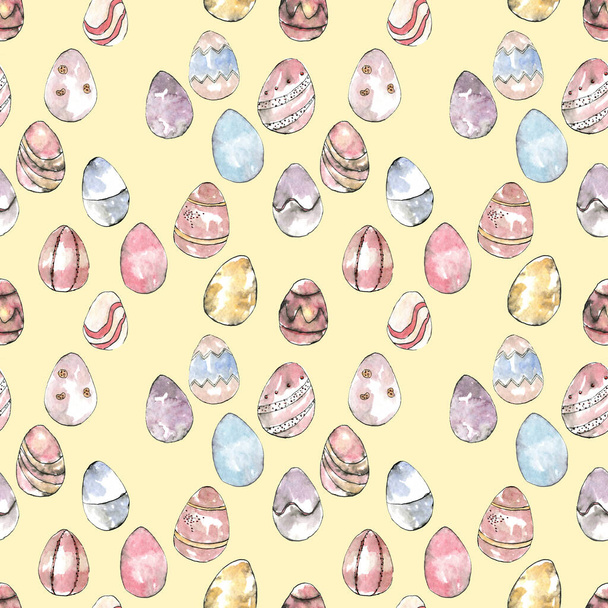 Seamless easter pattern illustration consisting of colorful eggs. The watercolor hand drawing on pastel yellow background. Hand drawing illustration for wrapping paper, textile, fabric. - Foto, Imagen