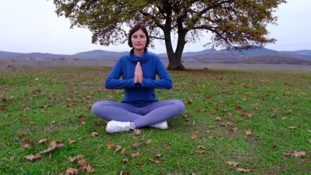 Frau genießt Yoga im Herbstpark nahe einsamer Eiche - Filmmaterial, Video