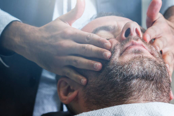 Barbershop salon hairdresser beard barber,  customer. - Zdjęcie, obraz