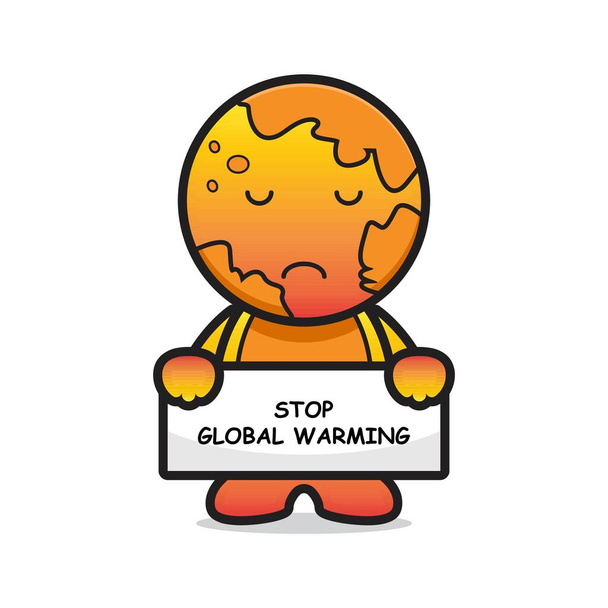 Cute earth mascot character stop global warming cartoon vector icon illustration. Nature icon concept isolated vector. Flat cartoon style - Vector, Image