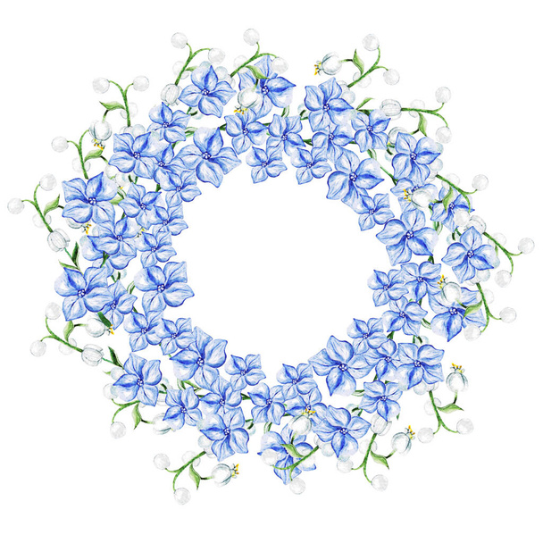 Azul olvídame no flores de primavera en corona para la boda. Elemento decorativo para tarjeta de felicitación. Ilustración - Foto, imagen
