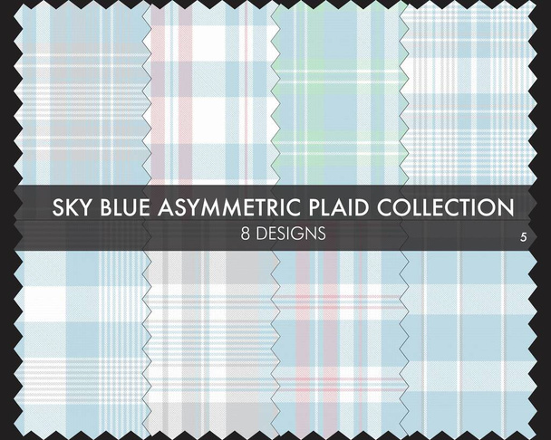 Sky Blue Asymmetric Plaid seamless pattern collection includes 8 designs for fashion textiles and graphics - Vector, Image