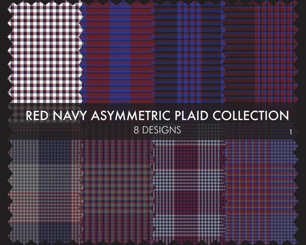 レッドネイビー非対称プレイシームレスパターンコレクションは、ファッションテキスタイルやグラフィックのための8つのデザインが含まれています - ベクター画像