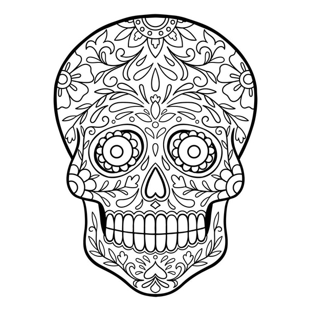 Meksykańska Czaszka Cukrowa. Dzień Martwej czaszki cukrowej z kwiatową ozdobą - Wektor, obraz