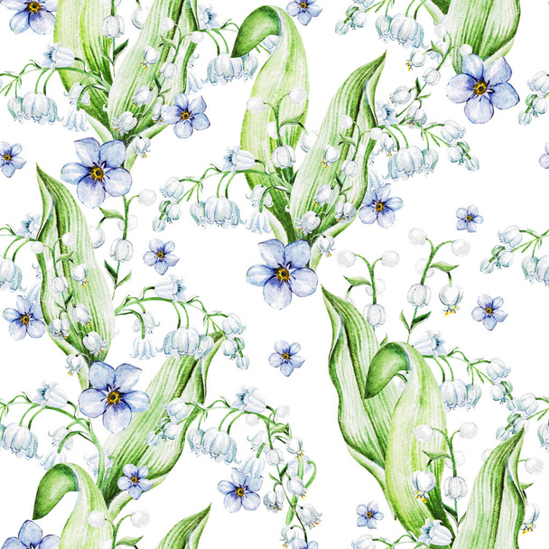Lily of the valley flowers  watercolor illustration print pattern - Foto, immagini