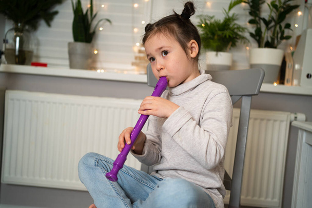 Yetenekli bir kız flüt çalar. Çevrimiçi müzik aletleri çalmayı öğrenme. - Fotoğraf, Görsel