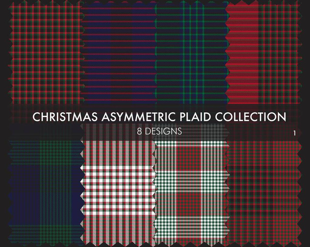 Christmas Asymmetric Plaid seamless pattern collection includes 8 designs for fashion textiles and graphics - Vector, Image