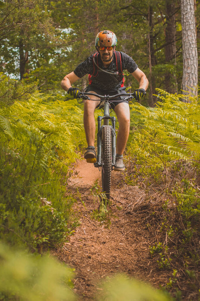 Человек спускается на горном велосипеде к камере в пышной зеленой среде на однопутной трассе. Высокий парень спускается на велосипеде. - Фото, изображение