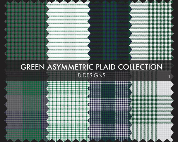 Green Asymmetric Plaid naadloze patroon collectie bevat 8 ontwerpen voor mode textiel en graphics - Vector, afbeelding