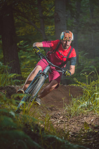 Frontal view of young caucasian male storming with a mountain bike over a berm on a singletrail. Epic ride with a modern mountain bike on a trail park. - Photo, Image