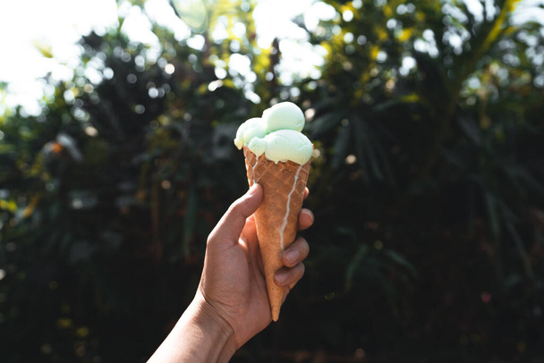 Crème glacée à la main pendant la journée chaude  - Photo, image