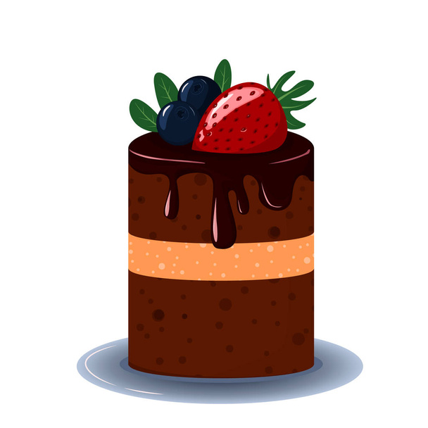 Bright chocolate cake with a layer, decorated with drips of chocolate and berries. - Vecteur, image