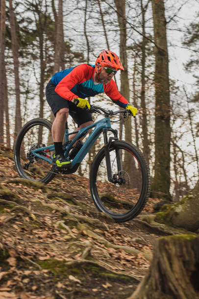 Biker töltés lefelé egy modern könnyű elektromos kerékpár vagy mountain bike őszi vagy téli környezetben egy erdőben. - Fotó, kép