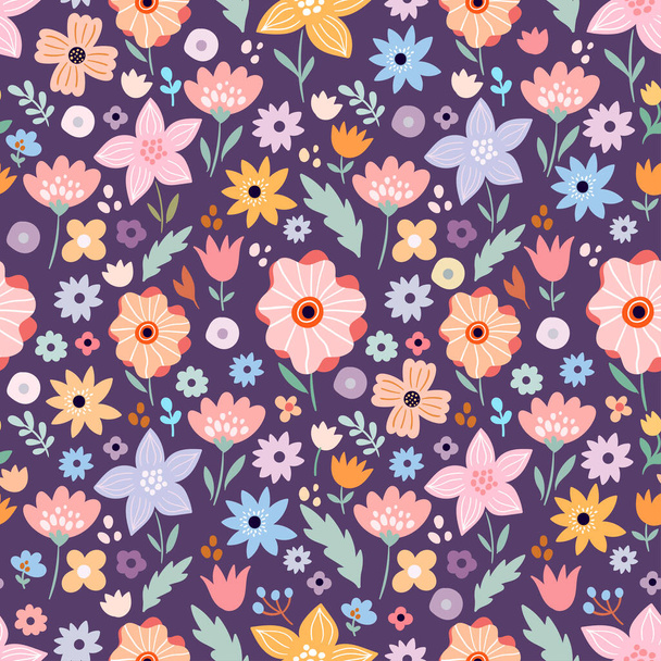 Floral αδιάλειπτη μοτίβο με πολύχρωμα διαφορετικά λουλούδια - Διάνυσμα, εικόνα