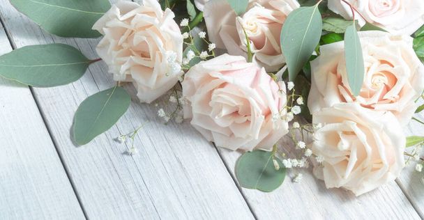 Krémové růže a eukalyptus. Jemné květinové uspořádání na bílém dřevěném pozadí. - Fotografie, Obrázek