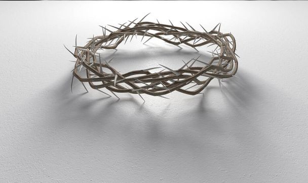 Ramas de espinas tejidas en una corona que representa la crucifixión proyectando una sombra sobre un fondo blanco aislado - 3D render - Foto, Imagen
