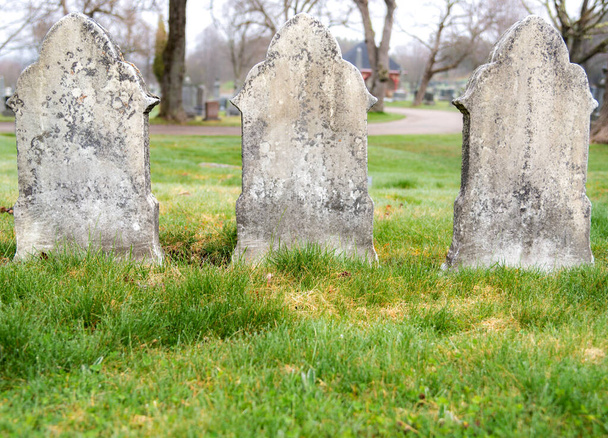 Drei alte Grabsteine an einem bewölkten Tag. Sie bestehen aus Kalkstein und sind mit Moos und Flechten bedeckt. Kein Text ist zu sehen. Im Gras unten ist Platz für Text. - Foto, Bild