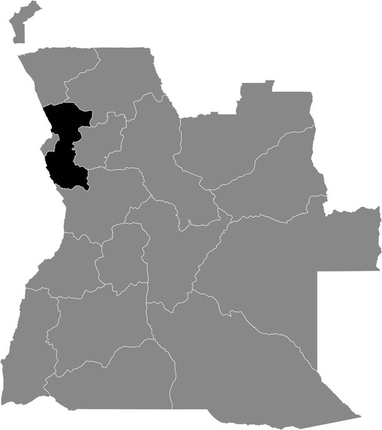 Mappa dettagliata nera della provincia angolana di Bengo all'interno della mappa grigia di Angola - Vettoriali, immagini