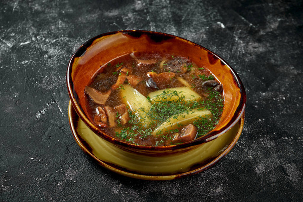 Appetizing and nourishing soup on forest mushrooms with vegetables and meat in a ceramic plate on a dark background. Close up, selective focus - Valokuva, kuva