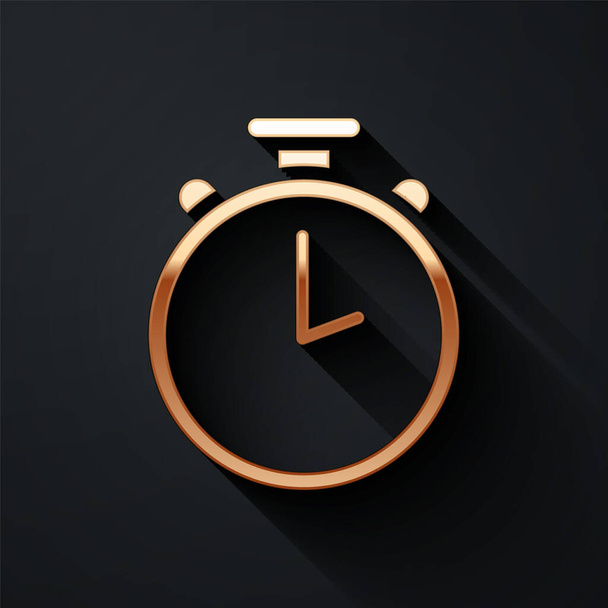 Icona del cronometro in oro isolato su sfondo nero. Un timer temporale. Segno cronometro. Lungo stile ombra. Illustrazione vettoriale. - Vettoriali, immagini