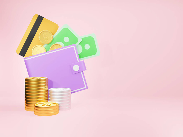 Portfel i dużo pieniędzy, koncepcja oszczędzania pieniędzy na rachunkowość finansową - renderowanie 3D - Zdjęcie, obraz