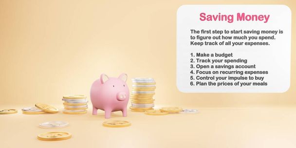 Piggy bank z monet pieniężnych gotówka izolowane na pomarańczowym tle, Koncepcja oszczędności pieniędzy na rachunkowość finansową - 3D renderowania - Zdjęcie, obraz
