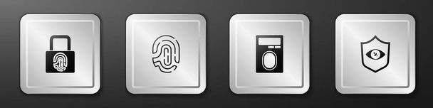 Setzen Sie Fingerabdruck mit Schloss, und Shield eye scan icon. Silberner quadratischer Knopf. Vektor. - Vektor, Bild