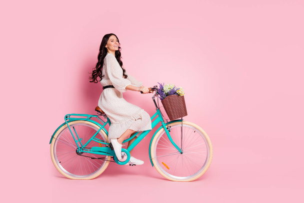 Full length body size photo woman cycling with wild flowers white dress looking blank space laughing isolated pastel pink color background - Фото, зображення