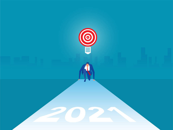 Businessman starting position and ready to New Year 2021.goals and targets vector illustration. Competition race win - Vector, Image