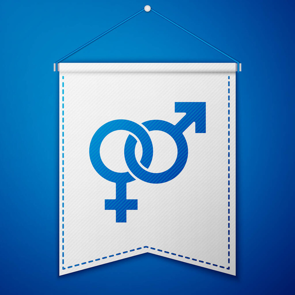 Blaues Gender-Symbol isoliert auf blauem Hintergrund. Symbole von Männern und Frauen. Sexsymbol. Weiße Wimpelvorlage. Vektor. - Vektor, Bild