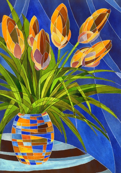 abstraktní oranžové květy v živé strakaté váza - Fotografie, Obrázek