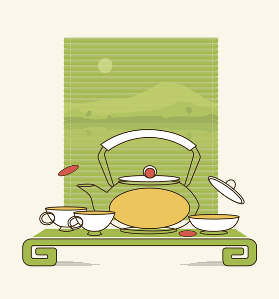 The traditional oriental tea ceremony comes from ancient times. It is still the hallmark of China and Japan. Stylized image, vector illustration. - Vector, Image