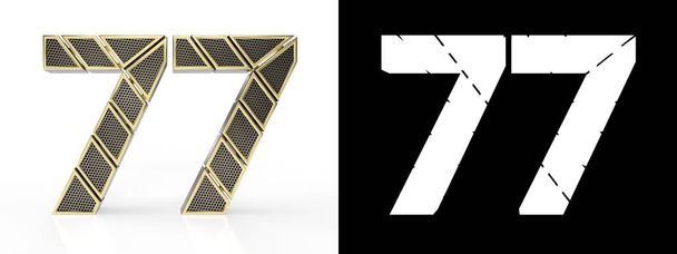 Złota liczba siedemdziesiąt siedem (numer 77) pocięta na perforowane segmenty złota z kanałem alfa i cieniem na białym tle. Z przodu. 3D ilustracja - Zdjęcie, obraz