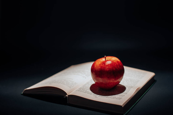 een rode appel op een open boek - Foto, afbeelding