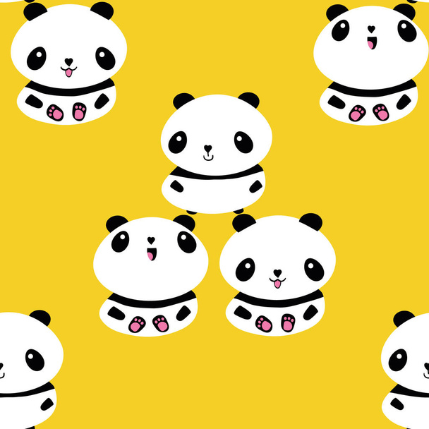 Kawaii vector panda seamless pattern pattern background. Trio of cute black and white sitting cartoon bears on yellow backdrop. Hand drawn illustration. Geometric nature animal all over print for kids - Vector, Image