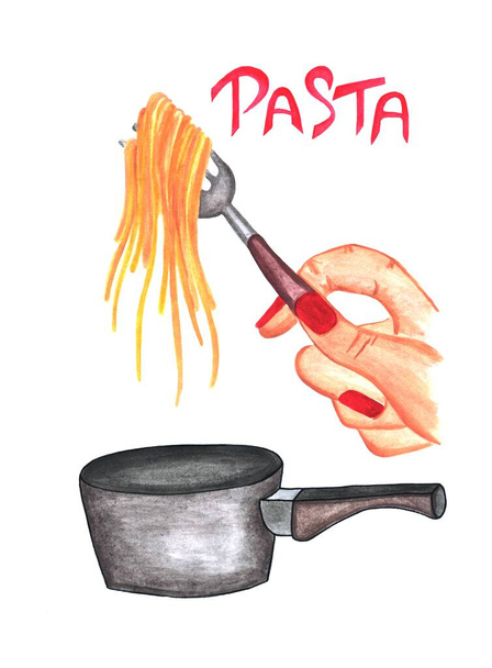 Disegno ad acquerello di una forchetta in mano con spaghetti, tagliatelle, pasta. Pasta e pentola. - Foto, immagini