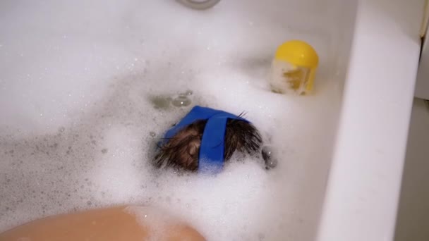 Bagni ragazzo felice in bagno con schiuma, immersioni sotto l'acqua indossando maschera subacquea - Filmati, video