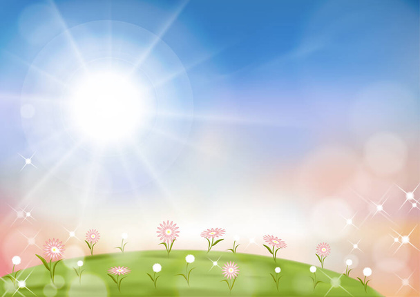 Wektor lato natura tło z niebieskim niebem i zielonymi polami trawy, Wiosenne tło z abstrakcyjnym rozmytym efektem światła słonecznego bokeh. Baner szablonowy na koncepcję sprzedaży wielkanocnej lub wiosennej - Wektor, obraz